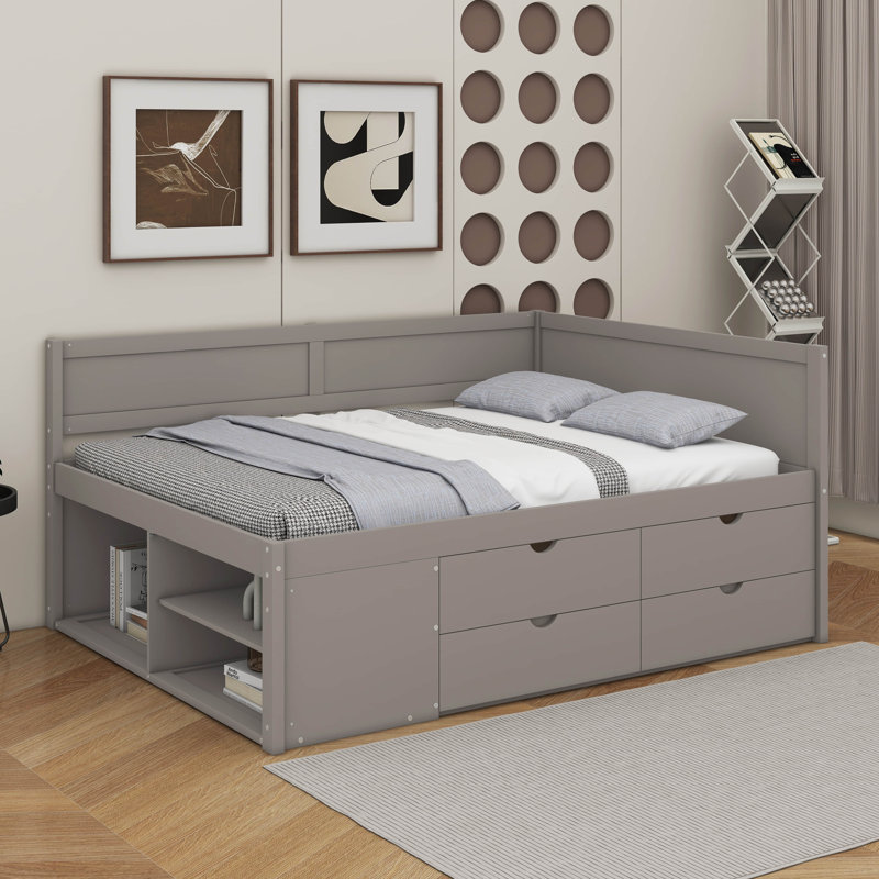 Daybed With Drawers And Shelves, Gray, Twin
