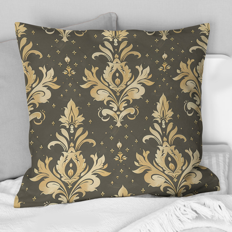 Coussin décoratif traditionnel brun doré à motif damassé IV, H 18 po x l 18 po