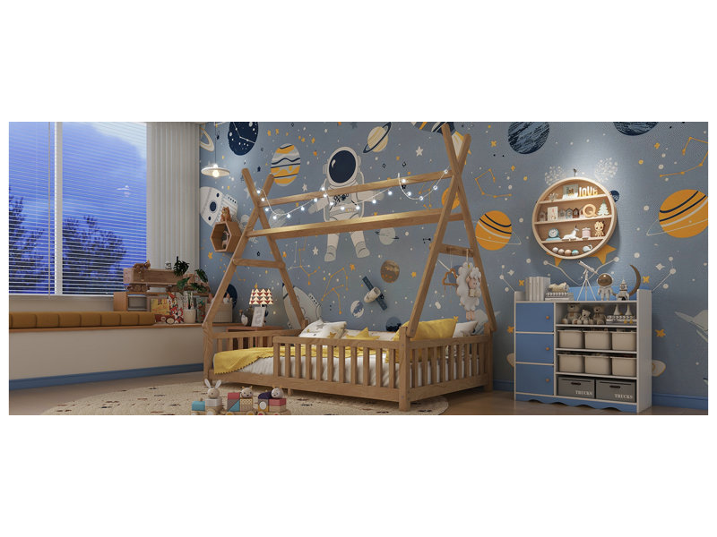 Lit en bois Kiran avec toit amovible et cadre en bois pour enfants, Simple, Naturel