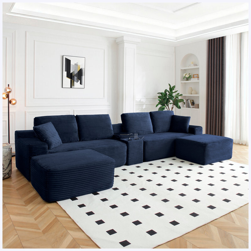 Canapé modulaire en forme de U 125 po avec 2 repose-pieds, siège profond, porte-gobelets et ports USB, velours côtelé, bleu