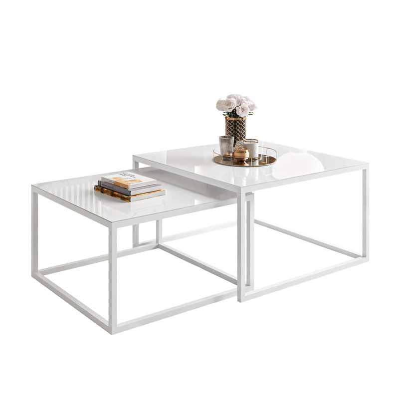Whitinsville 2 Piece Coffee Table, White, White, 45cm H x 70cm W x 70cm D
