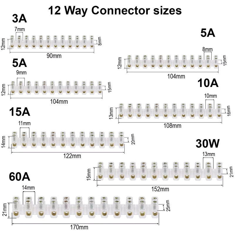 Clear Terminal Connector Block, Dual Row 12 Position Wire Connector Strip, Flathead Screw Terminal with Mounting Holes