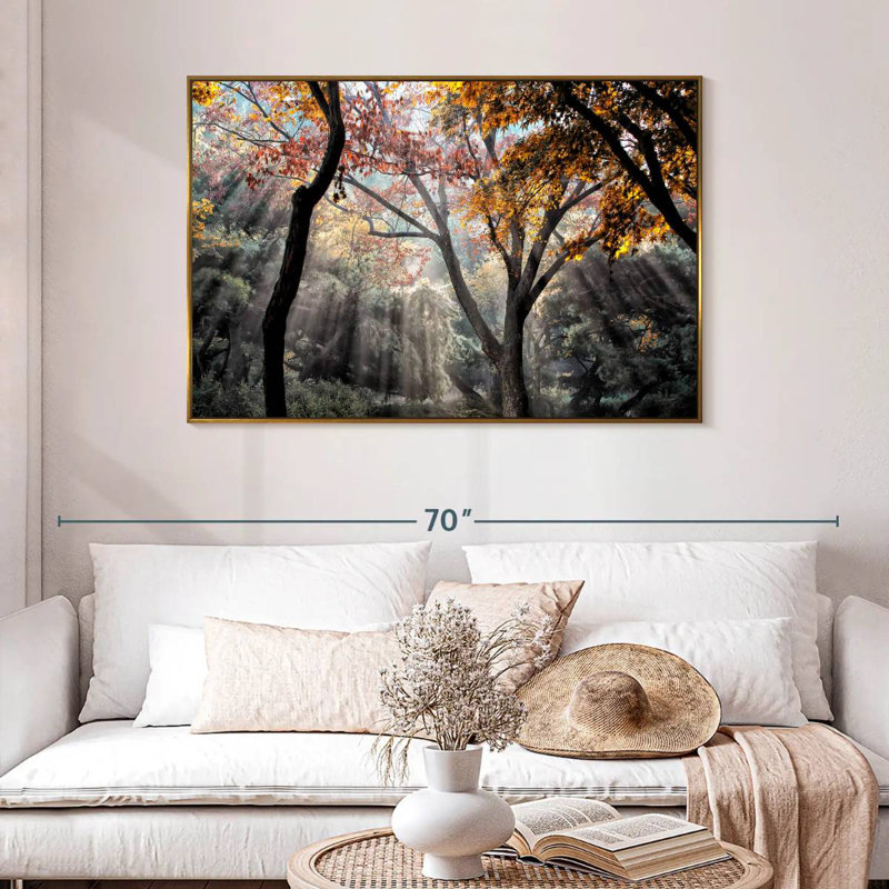 Rayons de soleil de la forêt, 46 po x 31 po, Cadre flottant doré