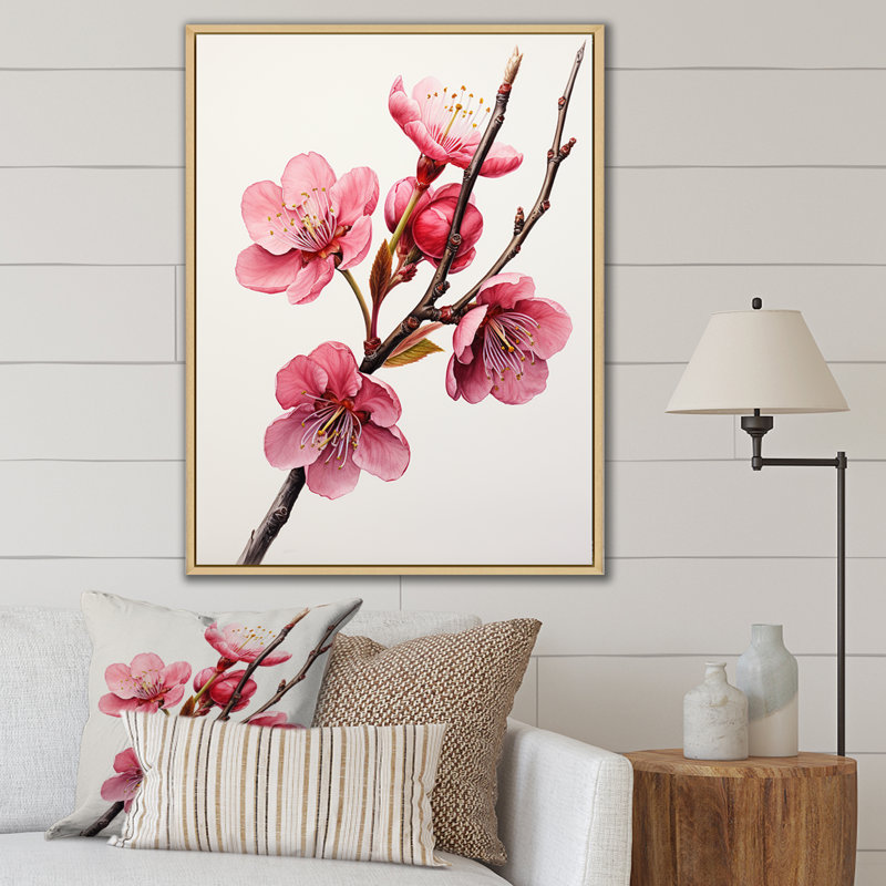 Rose printemps cerises - art mural cerise, H 32 po x l 24 po x P 1 po, Cadre flottant brun