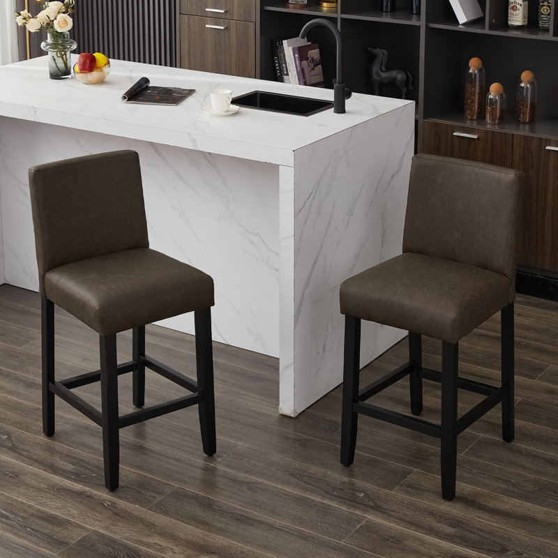 Tabouret de bar et de comptoir rembourré avec structure en bois massif, Brun / similicuir, 1
