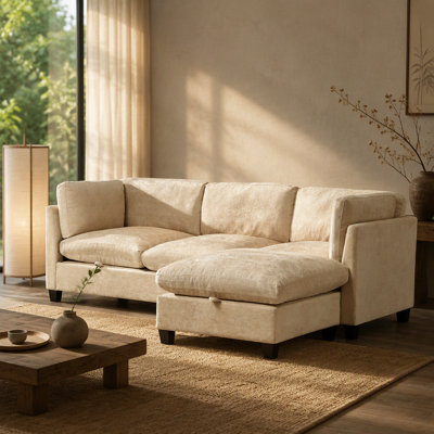 96.5 Inch L Shape Sectional Couch with Ottoman, Soft Chenille Fabric, Storage, and Comfortable Seating for Living Room