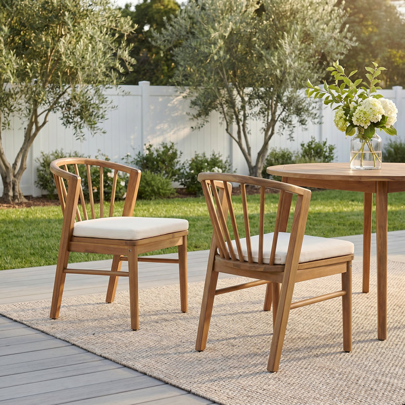 Outdoor Dining Chairs Set Of 2, Acacia Wood Patio Chairs With Cream Washable Cushion,For Backyard, Poolside, Garden,Light White