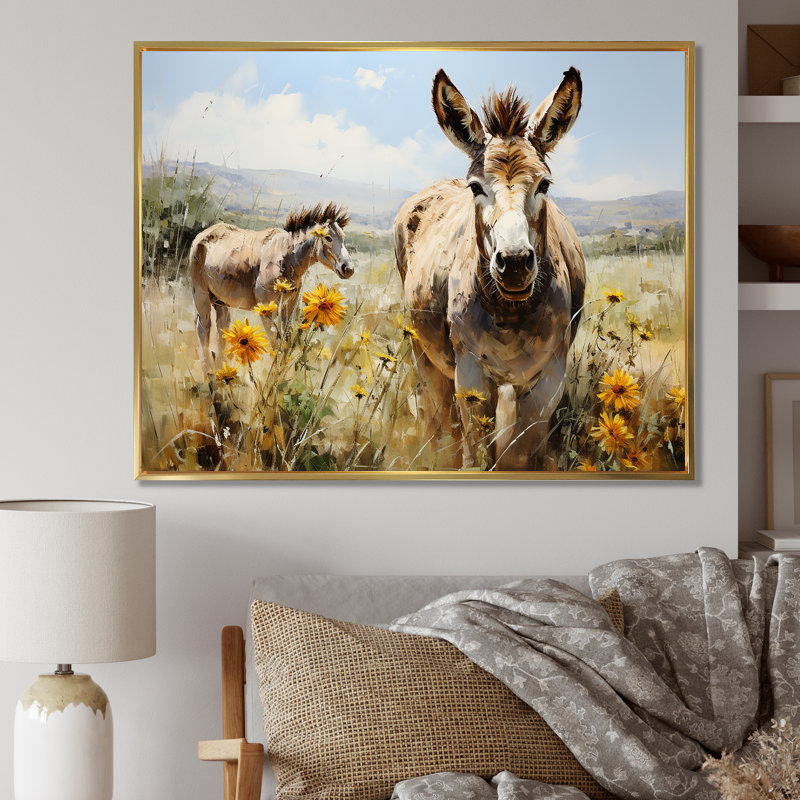 Donkey Flower Meadow Landscape I - Donkey, art mural, Cadre flottant doré, H 30 po x l 40 po x P 1,5 po