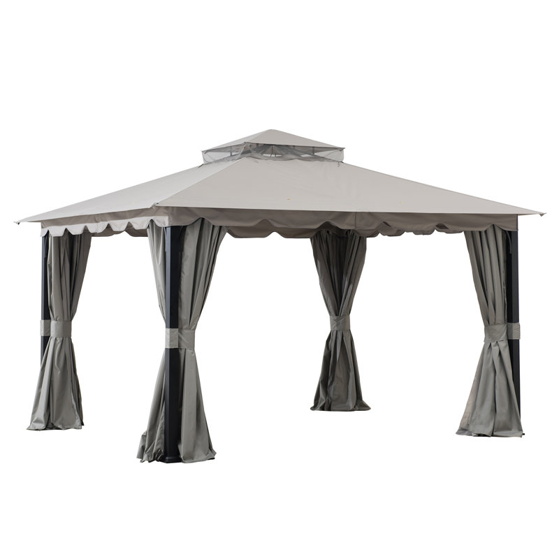 Sunjoy Soft Top Gazebo 11 ft. x 13 ft. Steel Gazebo with 2-Tier Hip Roof,Netting and Curtain,Metal Structure, Gray
