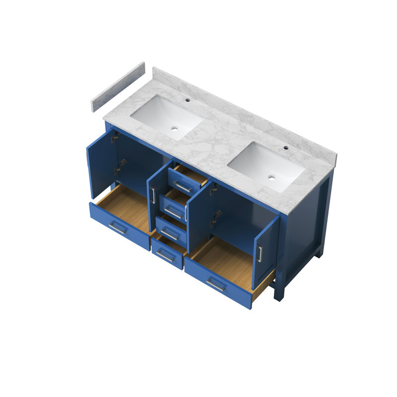 Meuble-lavabo 59 po avec lavabo à double cuve 59 po et lavabo, meuble-lavabo avec 4 portes et 6 tiroirs en bleu
