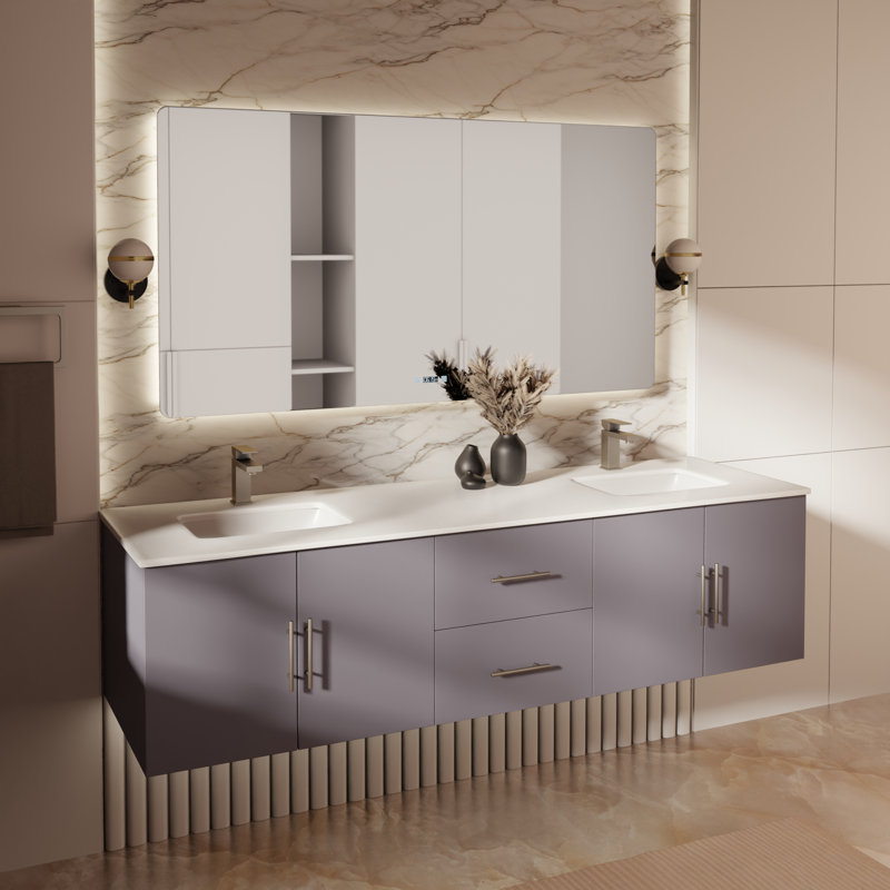 Ensemble de meuble-lavabo double mural 72 "avec miroir Geneva, Gris foncé, Marbre de culture blanc