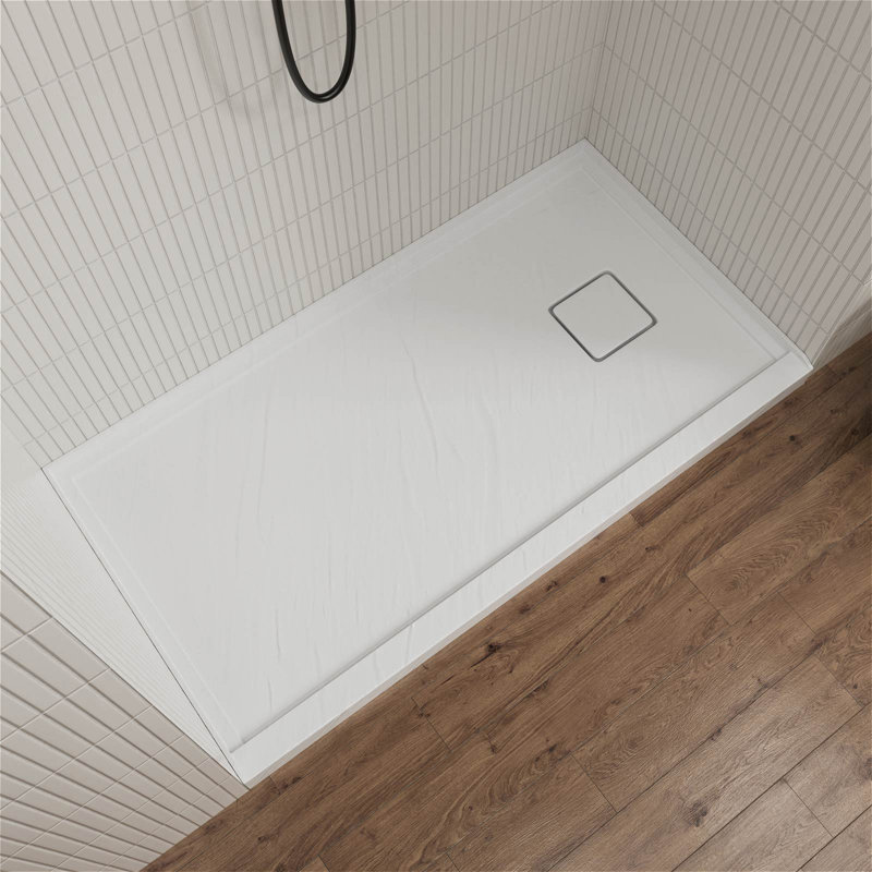 Base de douche en acrylique 60 po x 32 po GT, panneau de douche à seuil simple, antidérapant pour drain à droite, blanc mat avec motif de roche