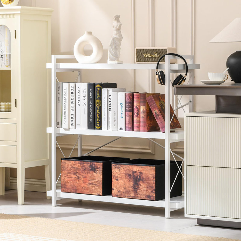 3 Tier Industrial Style Open Bookshelf with Metal Frame for Freestanding Placement, Cloud White
