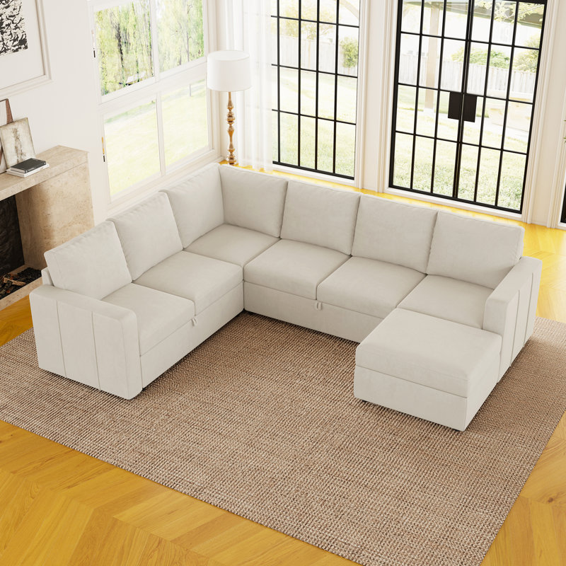L-Shaped Modular Sofa Set With Large Storage Space, Beige Velvet
