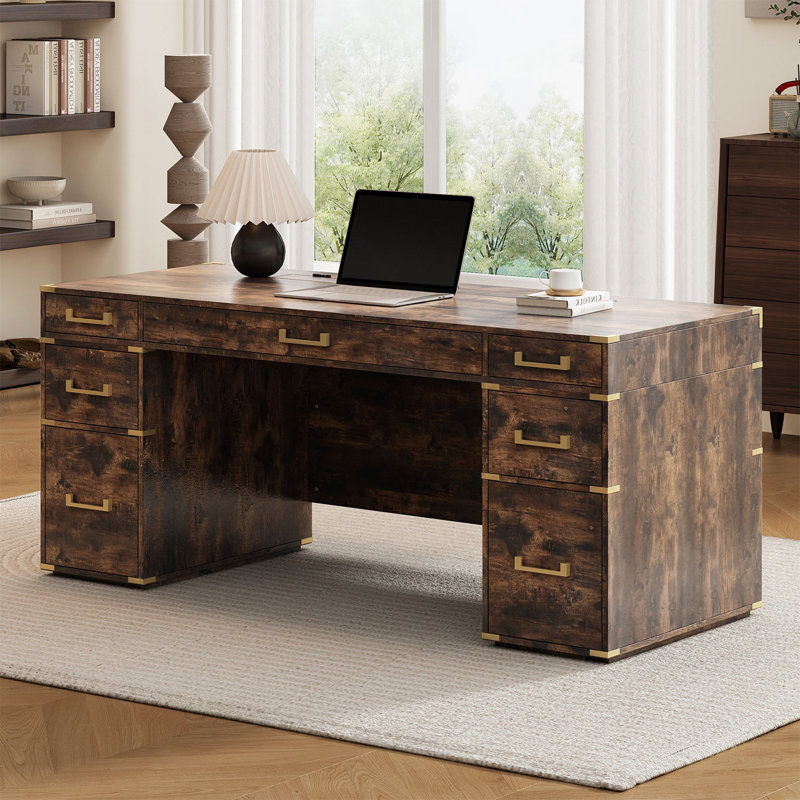Jamess Executive Desk with Built-In Electrical Outlet, Rustic Brown