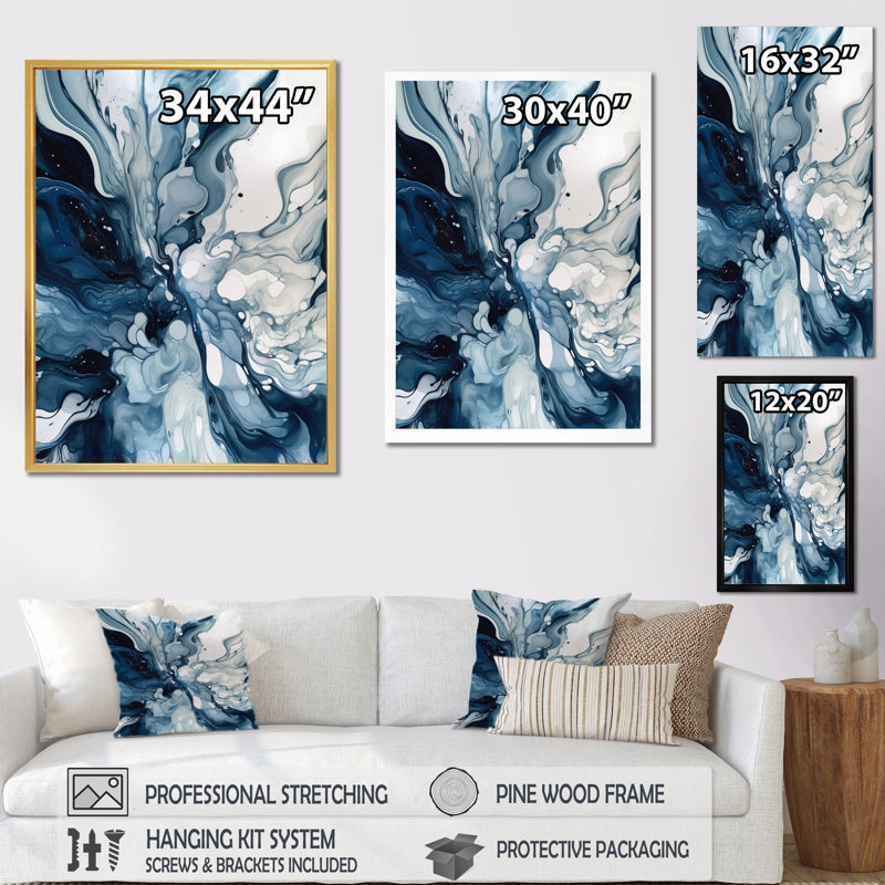 «Blue Grey Ethereal Elixir I», art mural abstrait, Doré, H 40 po x l 30 po, Cadre photo unique