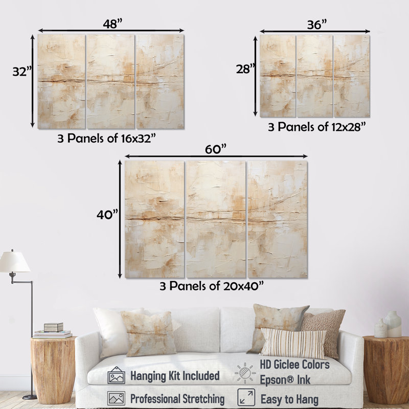Ensemble de décorations murales abstraites minimalistes beige et blanc, H 40 po x l 60 po x P 1 po, Toile tendue