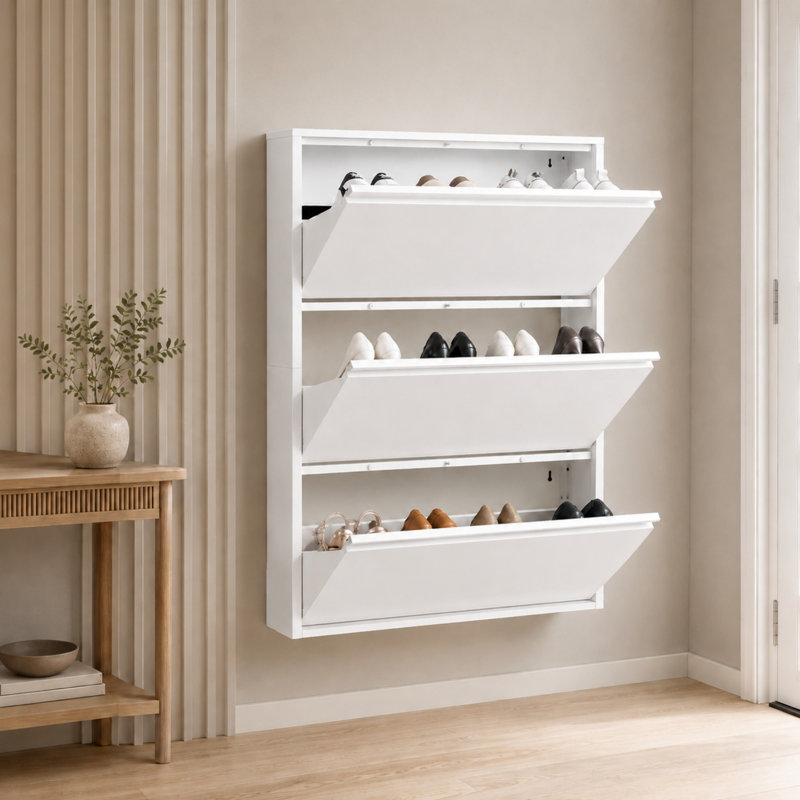 Armoire de rangement murale à chaussures avec 3 tiroirs rabattables et structure en métal, Blanc