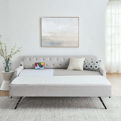 Twin Size Upholstery Daybed With Twin Size Erectable Trundle And USB Charging Design, Linen