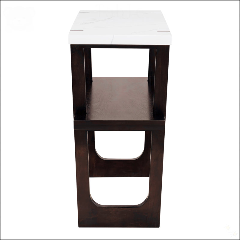 Espresso Wood Console Table with Marble-Effect Top and Storage Shelf
