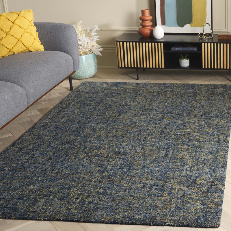 Chomitzki 101 Hand Tufted Imported Handspun Wool/Cotton No Pattern Indoor Use Only Rug in Dark Blue/Beige, Rectangle 5' x 8'