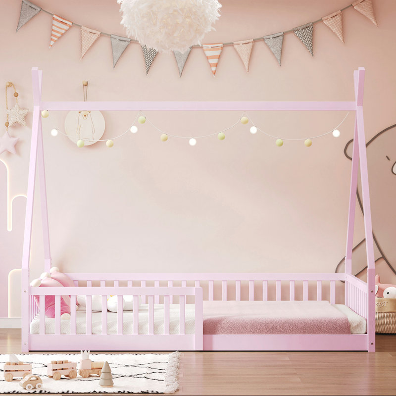 Lit simple en bois avec clôture, Rose
