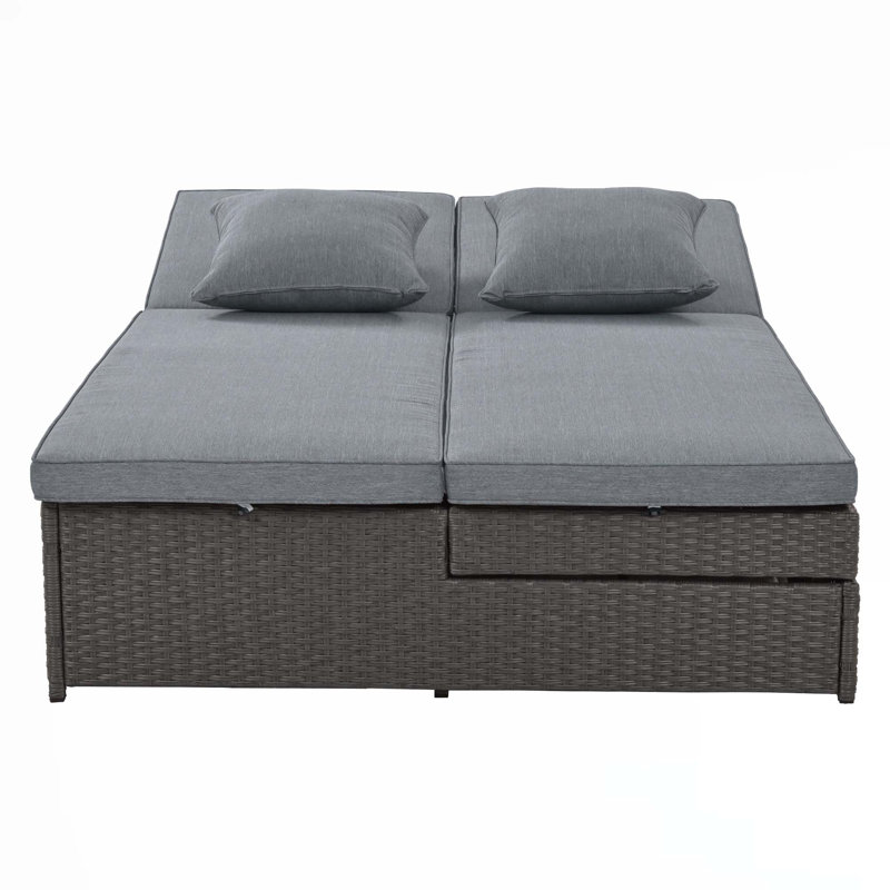 Outdoor Double Sunbed, Wicker Rattan Patio Reclining Chairs With Adjustable Backrest And Seat, Brown