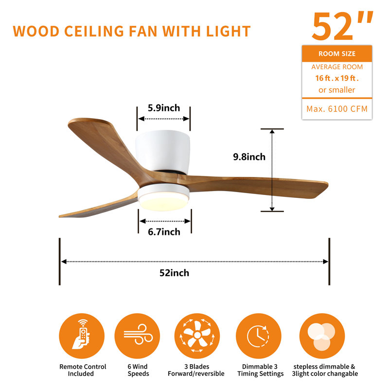 52 Inch White Wood Ceiling Fans With Lights And Remote, Modern Flush Mount Low Profile Ceiling Fan With Light, 6 Speed, Reversible Dc Motor, For Bedroom/Outdoor/Farmhouse/Patios
