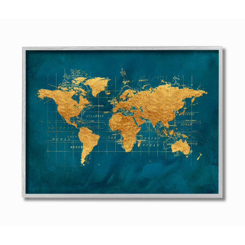 «World Map Gold Blue Texture Watercolor Map Design» par Beth Albert - impression d'art graphique, Estampe numérique Farmhouse