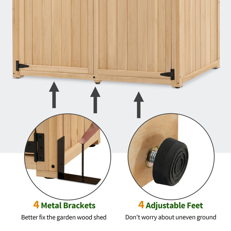 Beige Fir Wood Large Outdoor Storage Tool Shed with Double Doors