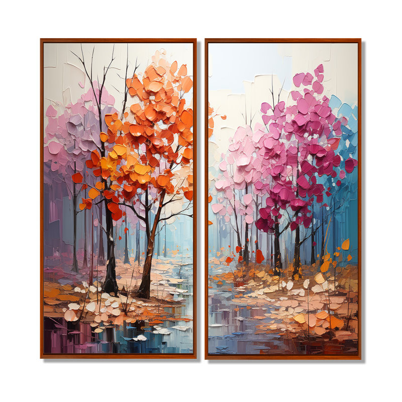 Orange, rose, Neo Primal Forest Collage - Art mural traditionnel, 40" H x 40" W, Impression encadrée flottante, Brown