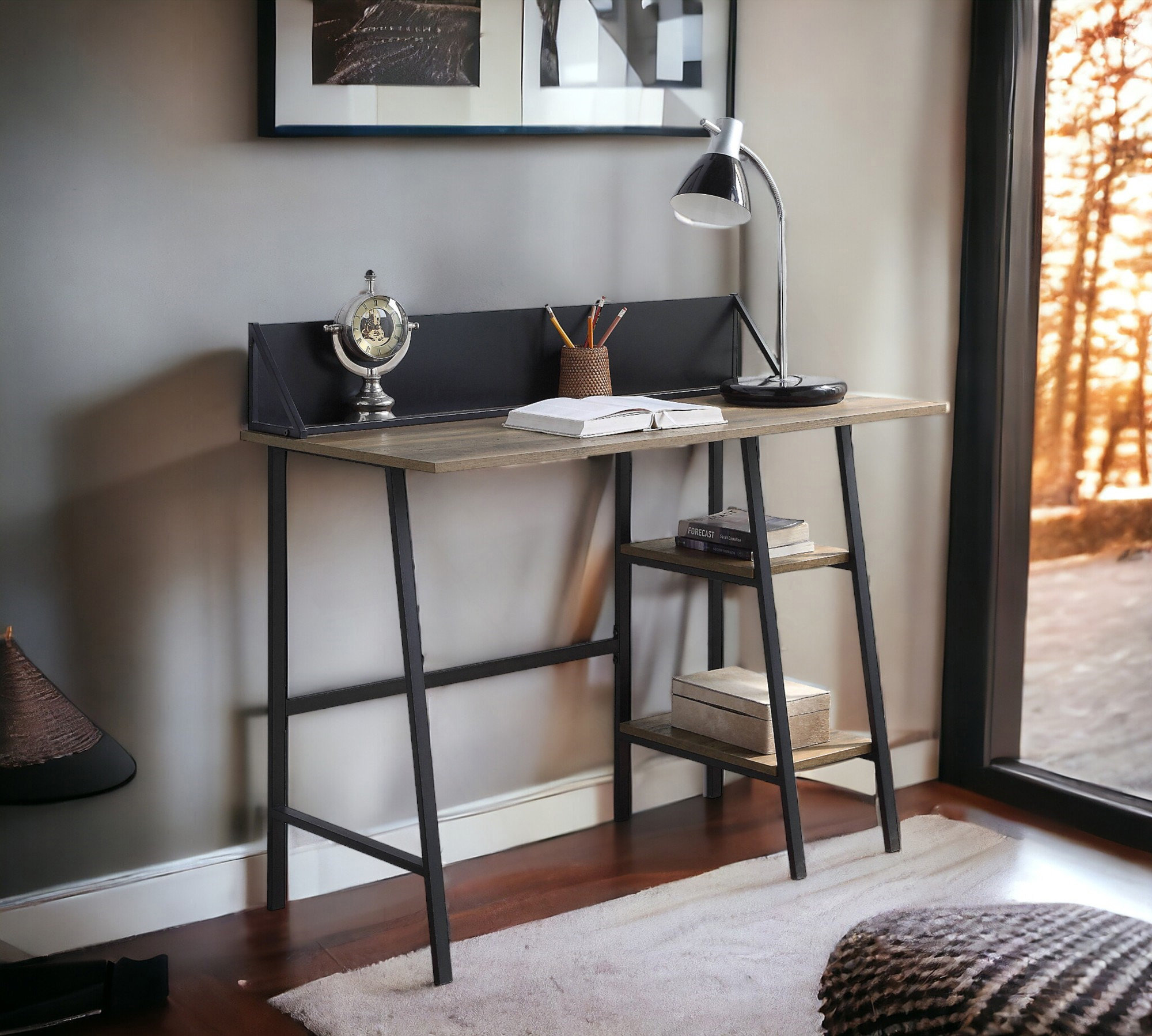 Trent Austin Design Rustic Oak Writing Desk With Black Metal Legs And ...