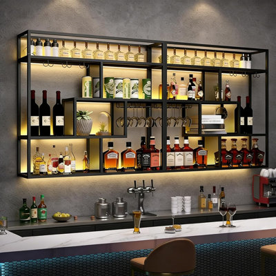Support à vin mural industriel 95 pouces avec porte-verres, porte-verres à 4 niveaux, étagère à boissons en fer pour bar à domicile, rangement pour bouteilles de vin (doré, 95 pouces / 240 cm)