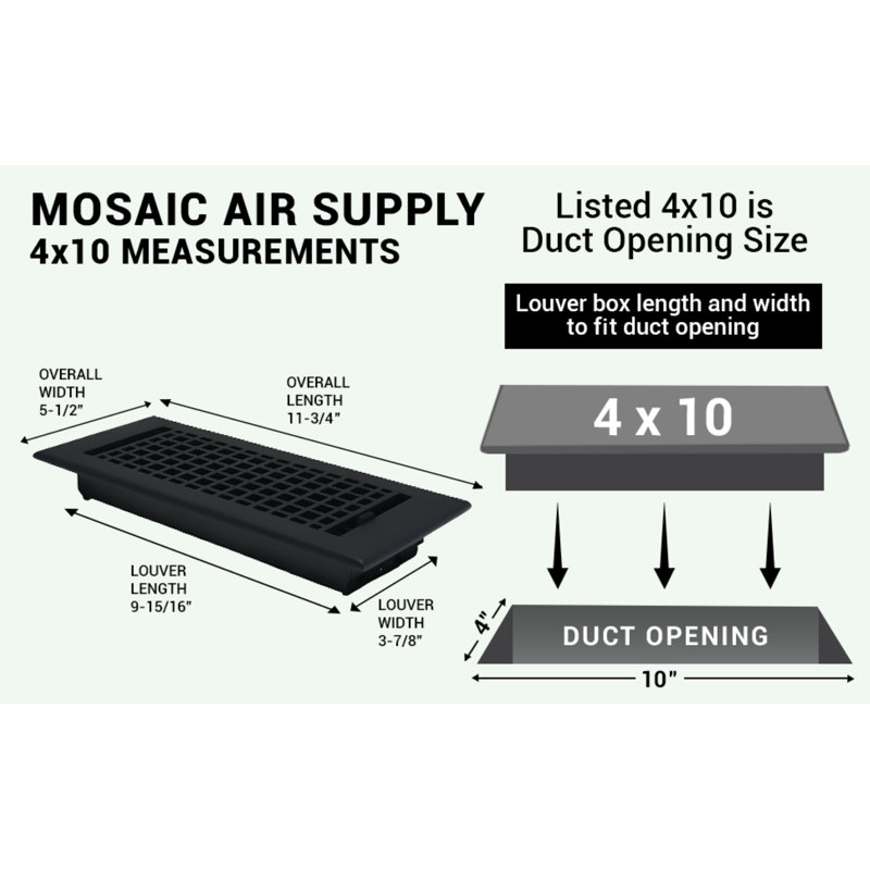 Ouverture de conduit d'air en fonte Mosaic 4 po x 10 po (au total 5-1 / 2 po x 11-3 / 4 po), Noir thermolaqué