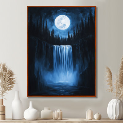 Moonlit Forest Wall Art, Night Waterfall Canvas, Moonlit Forest Falls