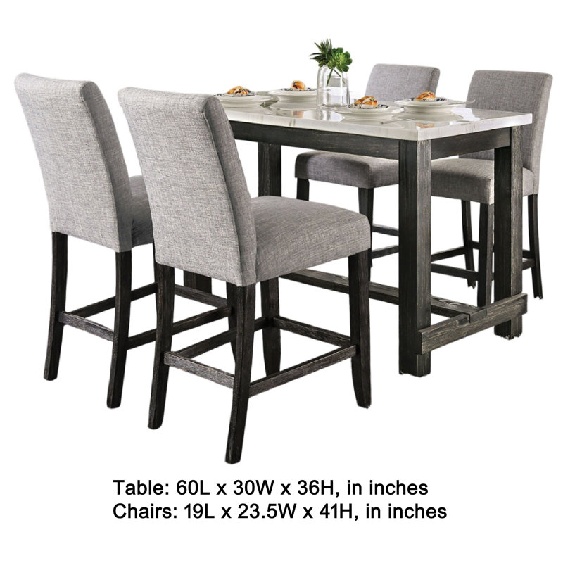 Ensemble de comptoir 5 pièces Bruce, plateau en marbre, base à tréteaux, 4 chaises, Noir antique / gris clair