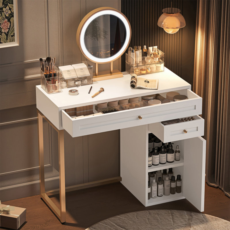 Meuble-lavabo de 31,5 po avec miroir éclairé, coiffeuse de luxe avec 2 tiroirs et 1 armoire, 3 modes d'éclairage disponibles pour la chambre à coucher