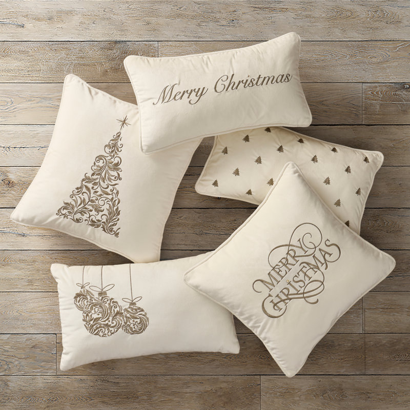 Ivory Embroidered Merry Christmas Rectangular Throw Pillow