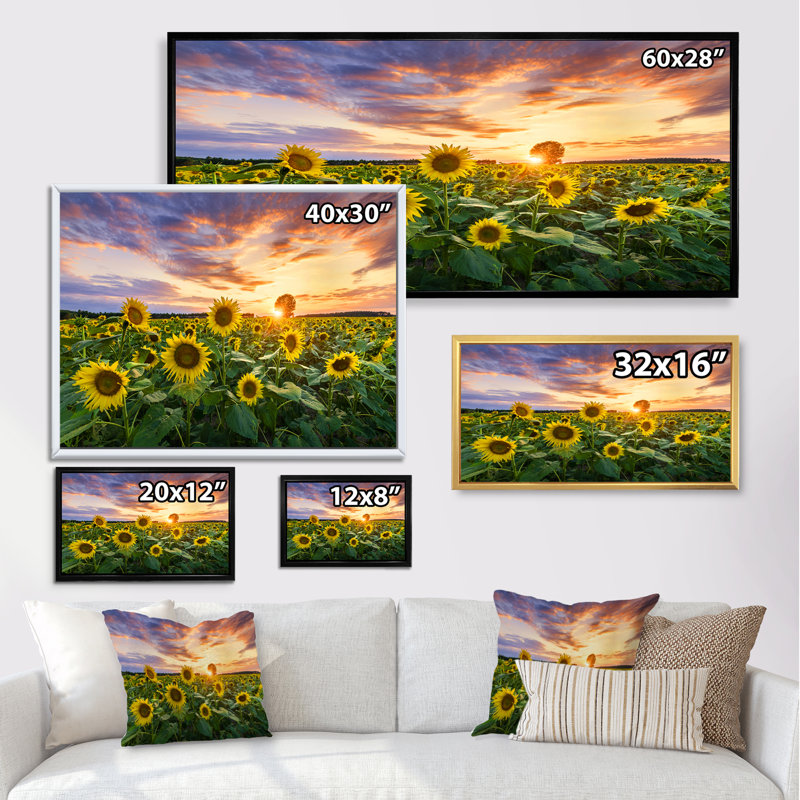 Champ de tournesols en fleurs - Photographie sur toile, Cadre brun, H 12 po x l 20 po x P 1 po