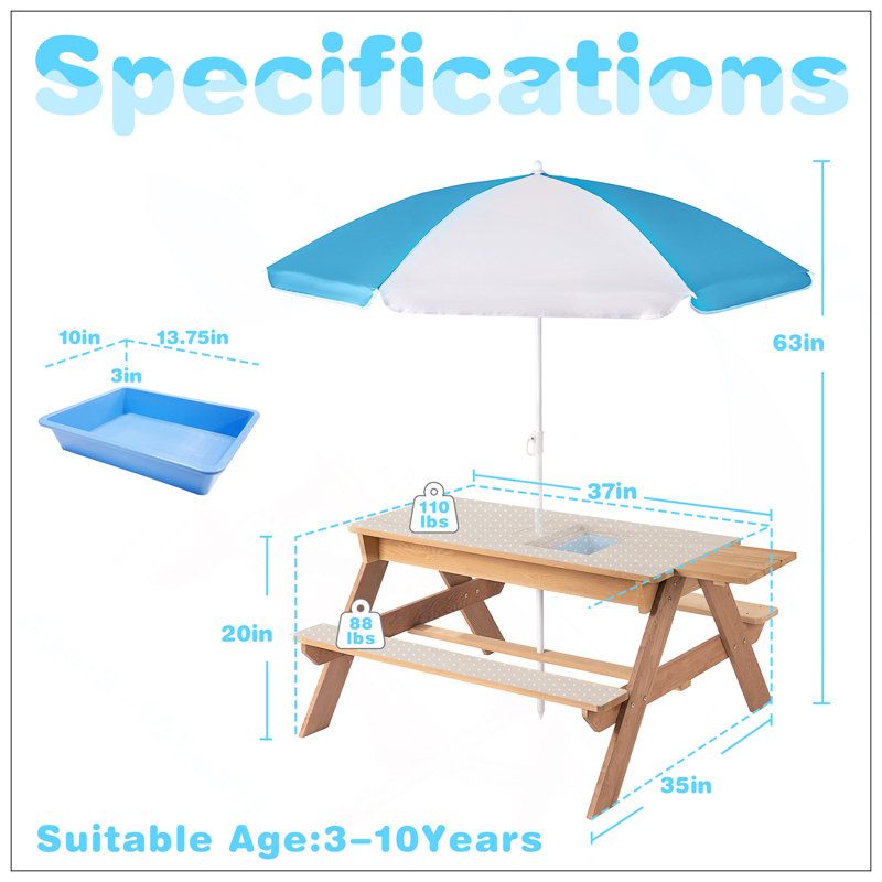 Table de pique-nique en bois pour enfants 3 en 1 avec parasol, sable convertible et wate, gris ASTM et CPSIA, Bois naturel