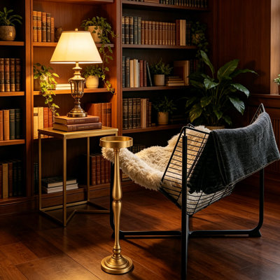 Small Drink Table Pedestal Side Table Round Martini End Table with Metal Frame, Classic Brass Finish, Space-Saving Nightstand for Bedroom Couch Chair, 5.74 x 5.74 x 25.98 Inches