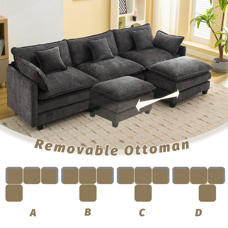 Chenille Upholstered Sectional Sofa Couch with Ottoman, 4, Dark Gray