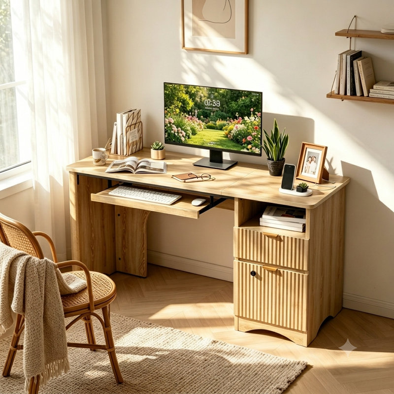 Bureau double caisson cannelé Neeru, Chêne naturel, Oui