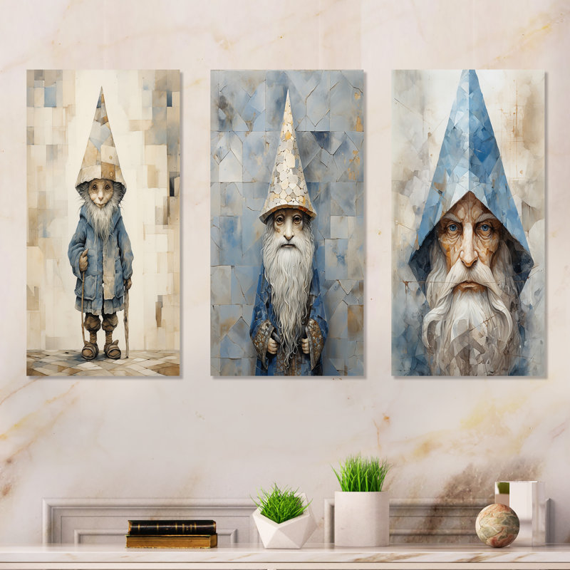 Fantaisie, portrait de gnome beige et bleu - ensemble de 3 impressions de gnome sur métal, H 32 po x l 48 po