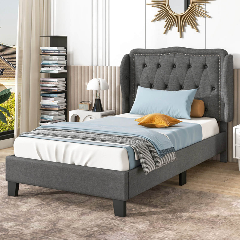Twin Size Bed Frame With Button Tufted Wingback Headboard Wooden Slats Support