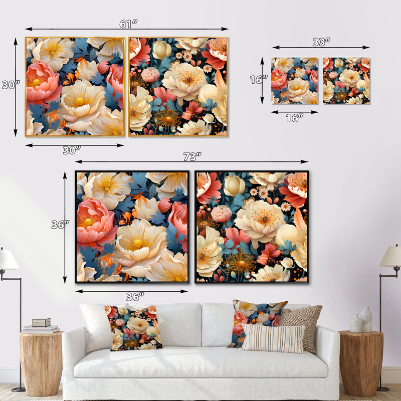 Chevery - Ensemble de 2 collages carrés floraux, Cadre flottant brun, H 36 po x l 73 po
