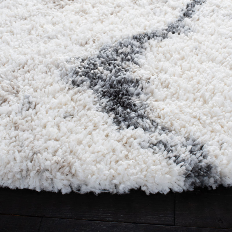 Ivory and Grey Hand-knotted Shag Runner Rug