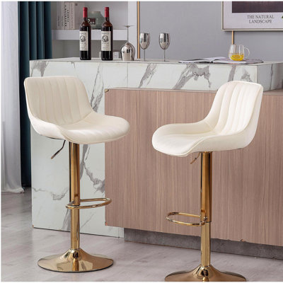 Repose-pieds et base chromés, velours à mécanisme réglable en hauteur + tabouret de bar simple à pieds dorés, 2, beige