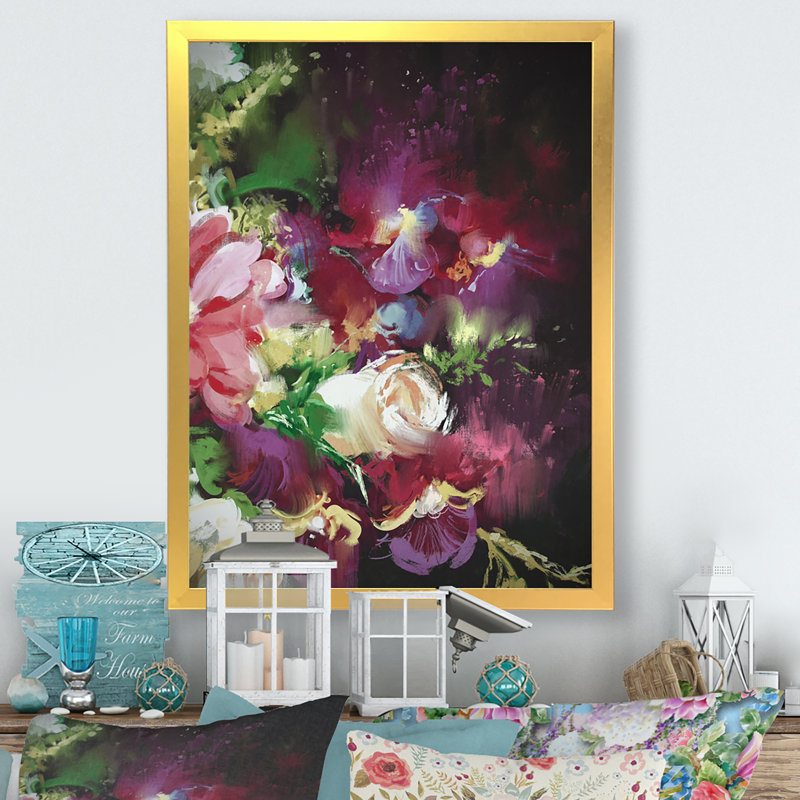 Abstrait bouquet de fleurs roses abstraites - reproduction sur toile, H 40 po x l 30 po x P 1,5 po, Encadrement doré