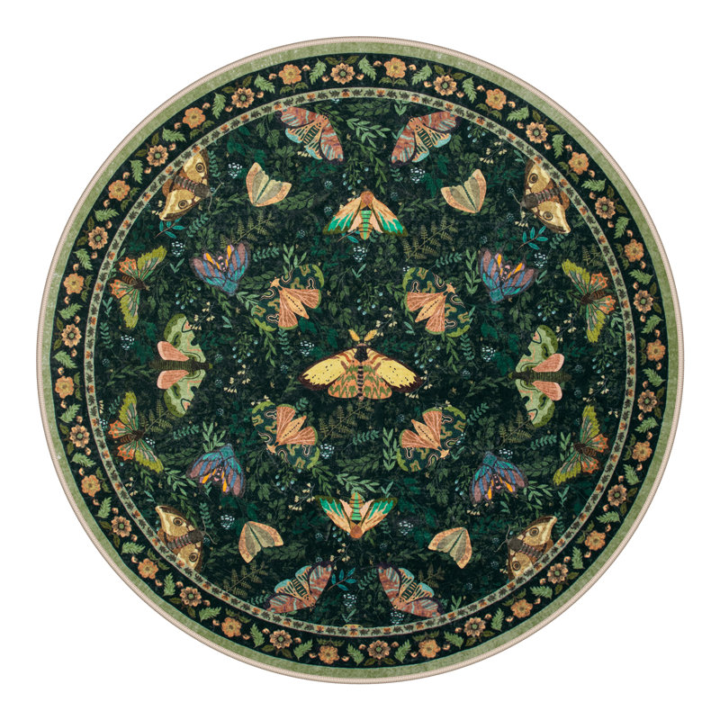 Animal & Insect Floral Round Rugs – Machine Washable with Non-Slip Backing Area Rug for Living Room, Dining Room, Bedroom